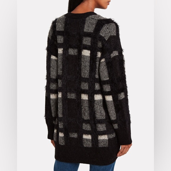 Equipment Plaid Oversized Button Cardigan Cisse Fuzzy Textured Black and White - Picture 3 of 11
